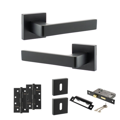 Quality image of STATUS Montana Door Handle Pack (3 Lever Lock Set - 3" CE Sashlock, 4" Slim Knuckle Hinges x2) - Matt Black | Sku. adps40smb19 | available from Trade Door Handles.