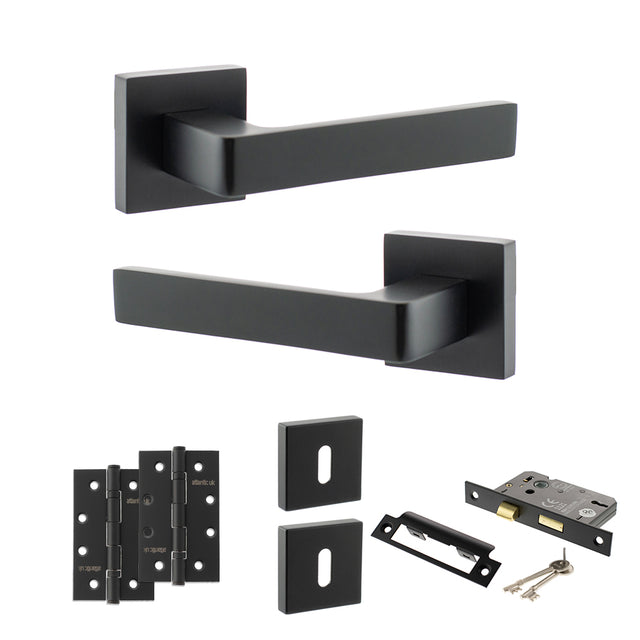 Quality image of STATUS Montana Door Handle Pack (3 Lever Lock Set - 3" CE Sashlock, 4" Slim Knuckle Hinges x2) - Matt Black | Sku. adps40smb19 | available from Trade Door Handles.