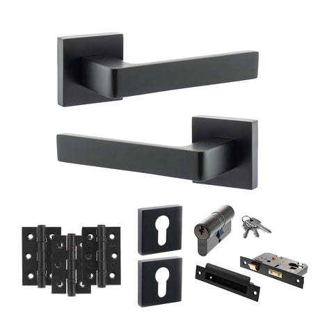 Quality image of STATUS Montana Door Handle Pack (Euro Lock Set - 2.5" CE Sashlock, 3" Fire Rated Hinges x3) - Matt Black | Sku. adps40smb20 | available from Trade Door Handles.