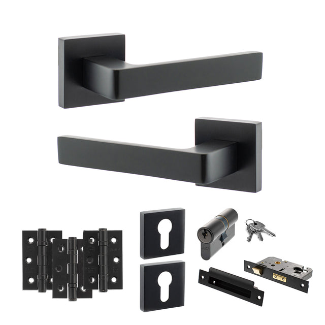 Quality image of STATUS Montana Door Handle Pack (Euro Lock Set - 2.5" CE Sashlock, 3" Fire Rated Hinges x3) - Matt Black | Sku. adps40smb20 | available from Trade Door Handles.