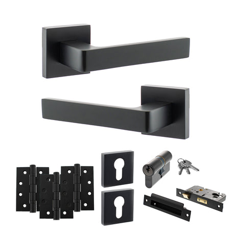 Quality image of STATUS Montana Door Handle Pack (Euro Lock Set - 2.5" CE Sashlock, 4" Fire Rated Hinges x3) - Matt Black | Sku. adps40smb22 | available from Trade Door Handles.
