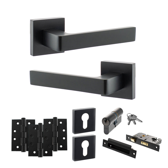 Quality image of STATUS Montana Door Handle Pack (Euro Lock Set - 2.5" CE Sashlock, 4" Fire Rated Hinges x3) - Matt Black | Sku. adps40smb22 | available from Trade Door Handles.
