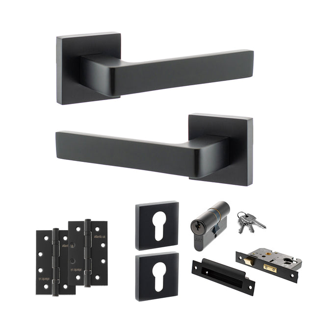Quality image of STATUS Montana Door Handle Pack (Euro Lock Set - 2.5" CE Sashlock, 4" Slim Knuckle Hinges x2) - Matt Black | Sku. adps40smb24 | available from Trade Door Handles.