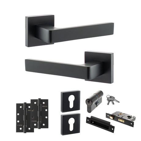 Quality image of STATUS Montana Door Handle Pack (Euro Lock Set - 3" CE Sashlock, 4" Slim Knuckle Hinges x2) - Matt Black | Sku. adps40smb25 | available from Trade Door Handles.