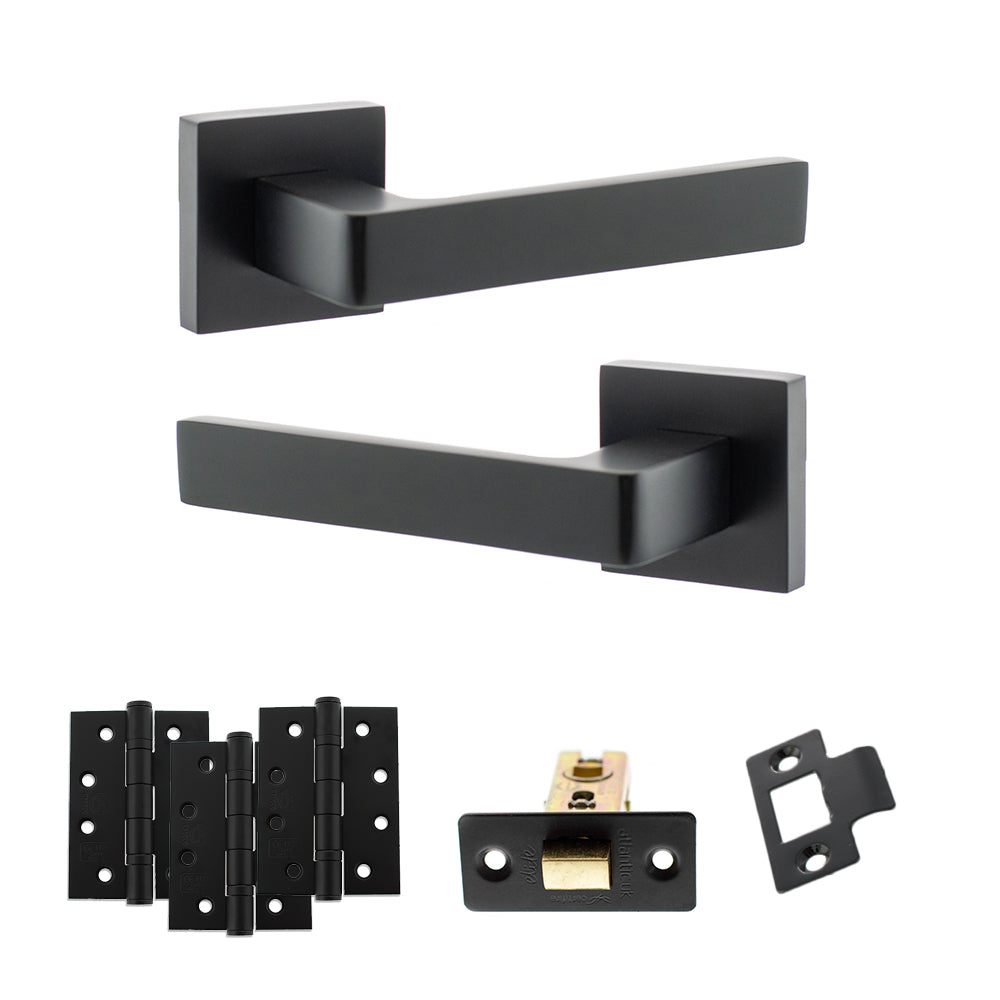 Quality image of STATUS Montana Door Handle Pack (Latch Set - 3" CE Latch, 4" Fire Rated Hinges x3) - Matt Black | Sku. adps40smb4 | available from Trade Door Handles.