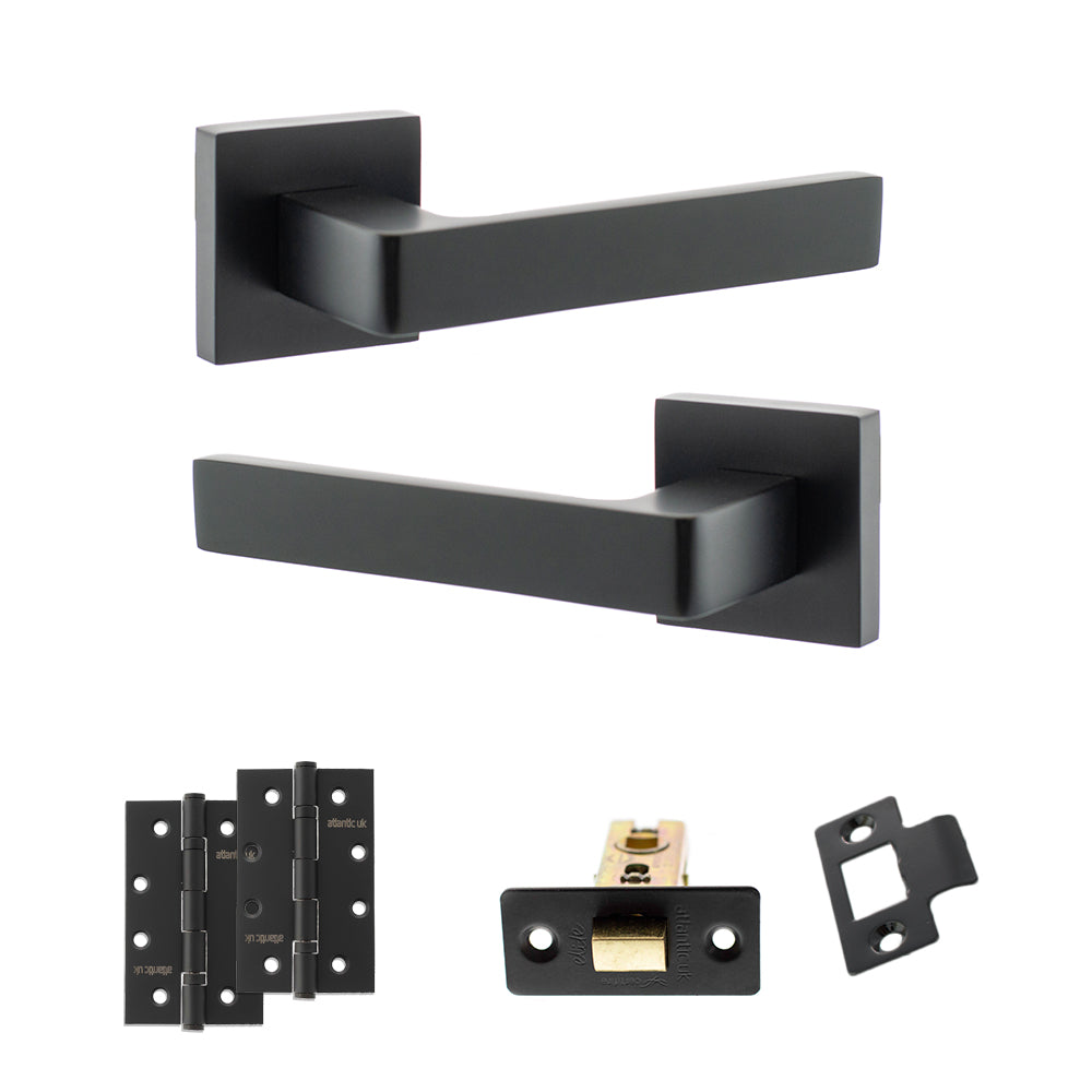 Quality image of STATUS Montana Door Handle Pack (Latch Set - 2.5" CE Latch, 4" Slim Knuckle Hinges x2) - Matt Black | Sku. adps40smb5 | available from Trade Door Handles.