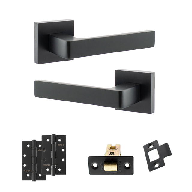 Quality image of STATUS Montana Door Handle Pack (Latch Set - 2.5" CE Latch, 4" Slim Knuckle Hinges x2) - Matt Black | Sku. adps40smb5 | available from Trade Door Handles.