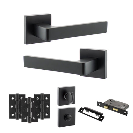 Quality image of STATUS Montana Door Handle Pack (Bathroom Set - 2.5" CE Bathroom Lock, 3" Fire Rated Hinges x3) - Matt Black | Sku. adps40smb8 | available from Trade Door Handles.