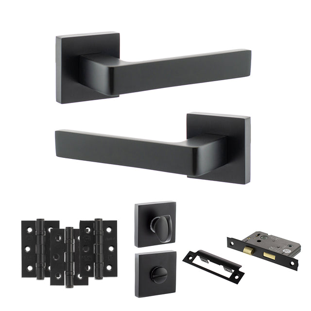 Quality image of STATUS Montana Door Handle Pack (Bathroom Set - 3" CE Bathroom Lock, 3" Fire Rated Hinges x3) - Matt Black | Sku. adps40smb9 | available from Trade Door Handles.