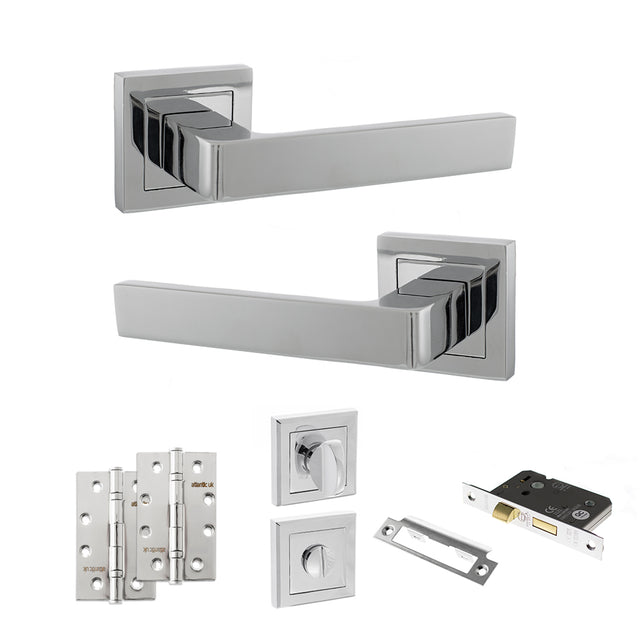 Quality image of STATUS Montana Door Handle Pack (Bathroom Set - 2.5" CE Bathroom Lock, 4" Slim Knuckle Hinges x2) - Polished Chrome | Sku. adps40spc12 | available from Trade Door Handles.