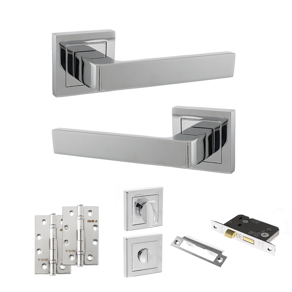 Quality image of STATUS Montana Door Handle Pack (Bathroom Set - 3" CE Bathroom Lock, 4" Slim Knuckle Hinges x2) - Polished Chrome | Sku. adps40spc13 | available from Trade Door Handles.
