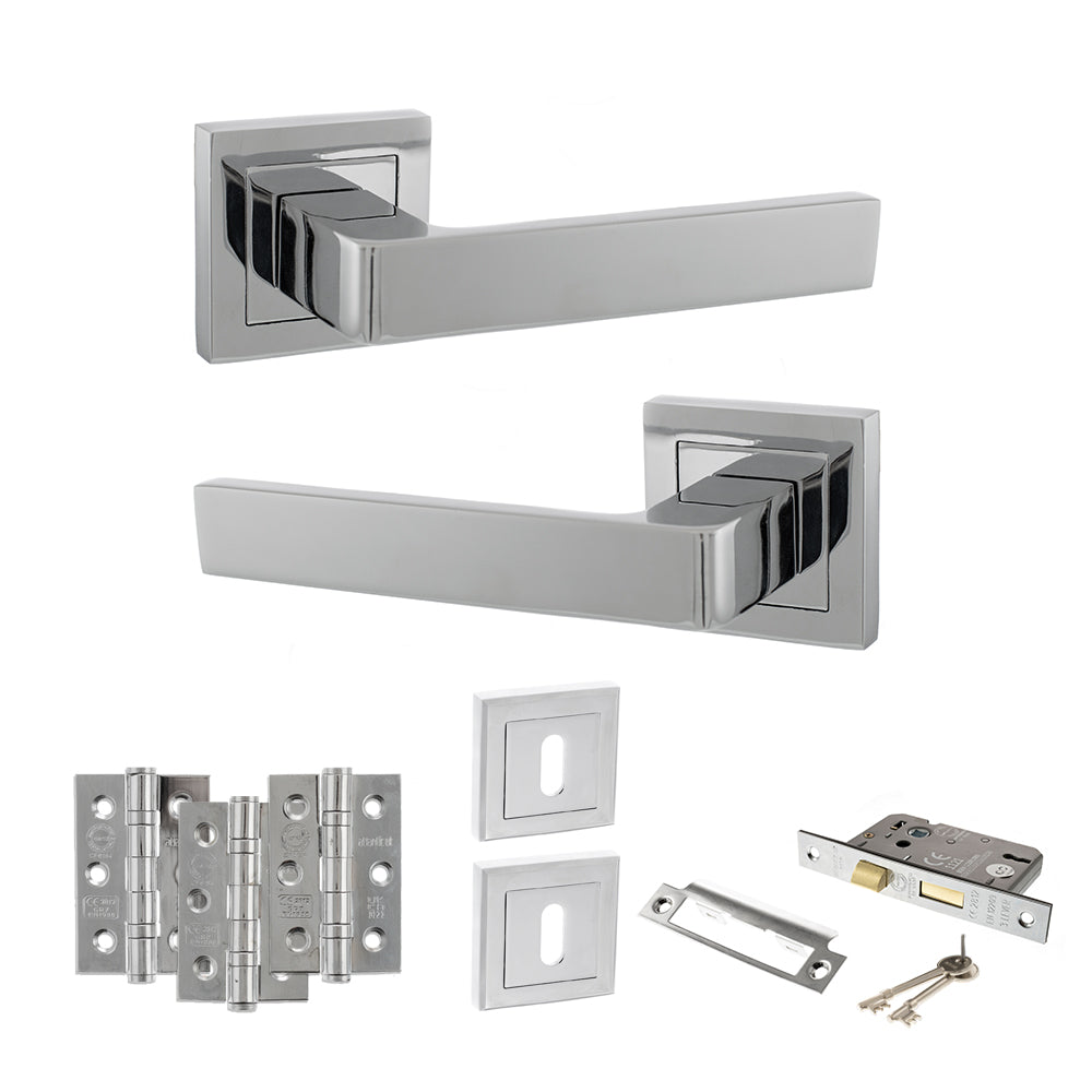 Quality image of STATUS Montana Door Handle Pack (3 Lever Lock Set - 2.5" CE Sashlock, 3" Fire Rated Hinges x3) - Polished Chrome | Sku. adps40spc14 | available from Trade Door Handles.