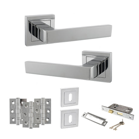 Quality image of STATUS Montana Door Handle Pack (3 Lever Lock Set - 3" CE Sashlock, 3" Fire Rated Hinges x3) - Polished Chrome | Sku. adps40spc15 | available from Trade Door Handles.