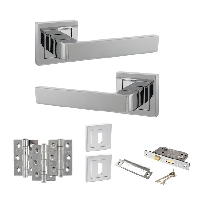 Quality image of STATUS Montana Door Handle Pack (3 Lever Lock Set - 3" CE Sashlock, 3" Fire Rated Hinges x3) - Polished Chrome | Sku. adps40spc15 | available from Trade Door Handles.