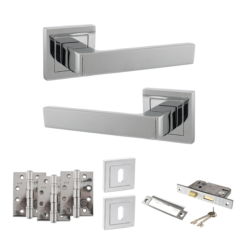 Quality image of STATUS Montana Door Handle Pack (3 Lever Lock Set - 3" CE Sashlock, 4" Fire Rated Hinges x3) - Polished Chrome | Sku. adps40spc17 | available from Trade Door Handles.