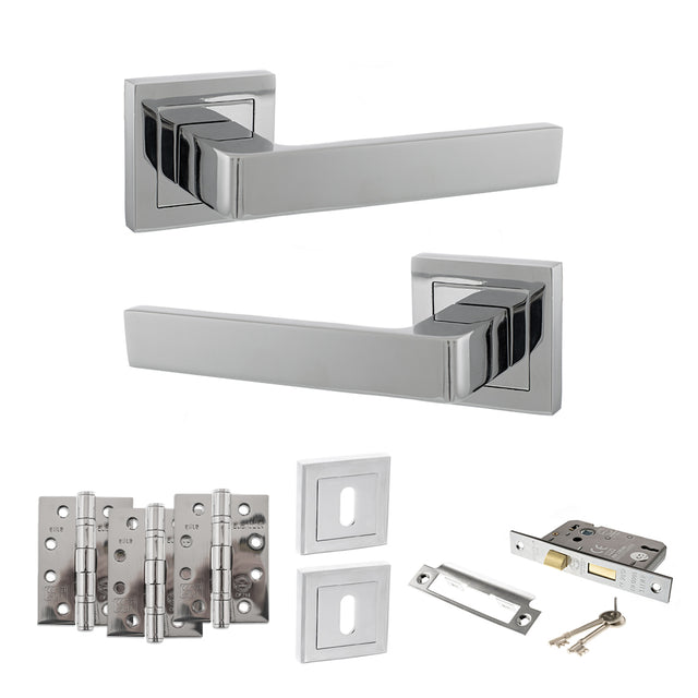 Quality image of STATUS Montana Door Handle Pack (3 Lever Lock Set - 3" CE Sashlock, 4" Fire Rated Hinges x3) - Polished Chrome | Sku. adps40spc17 | available from Trade Door Handles.