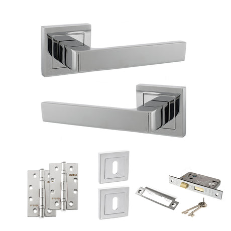 Quality image of STATUS Montana Door Handle Pack (3 Lever Lock Set - 2.5" CE Sashlock, 4" Slim Knuckle Hinges x2) - Polished Chrome | Sku. adps40spc18 | available from Trade Door Handles.