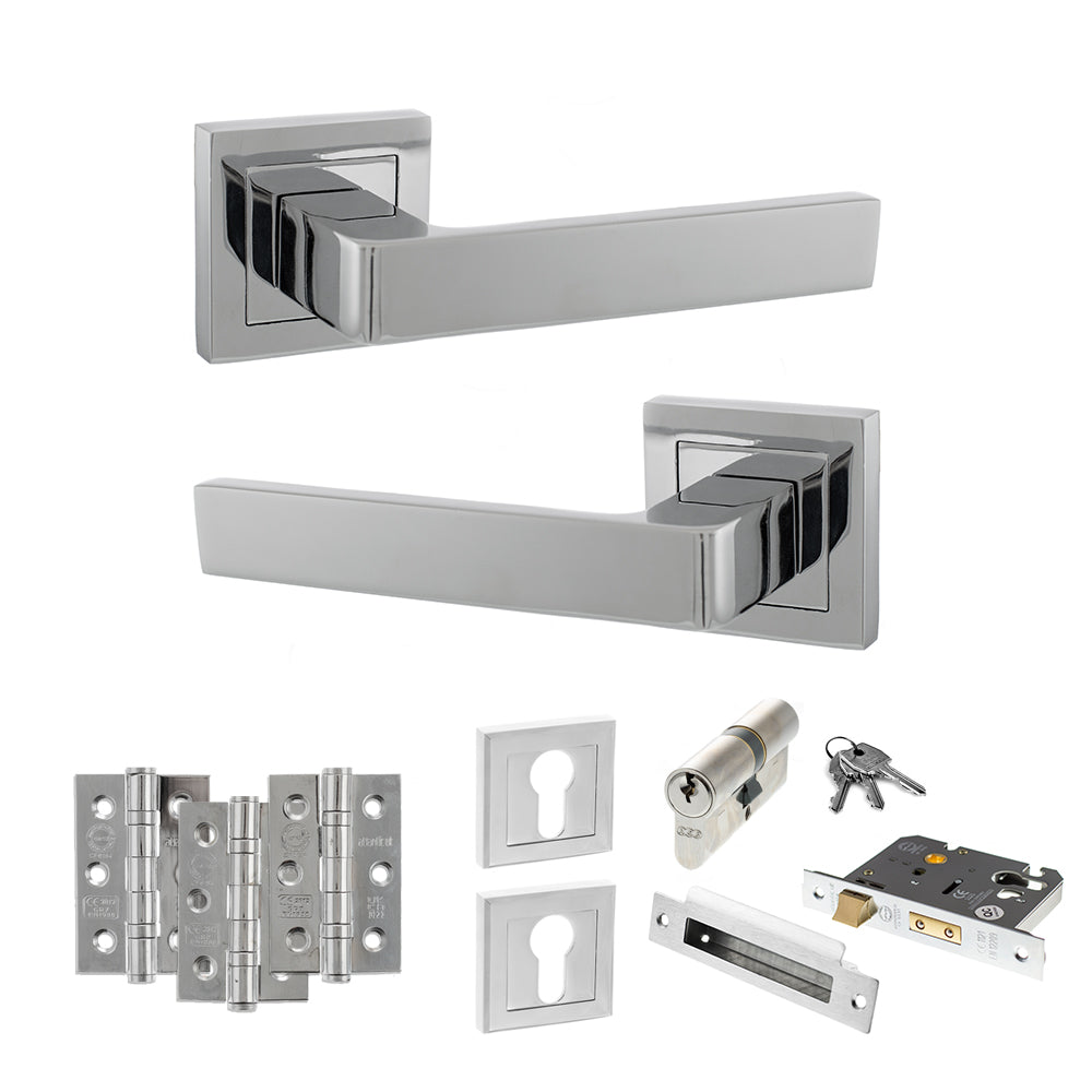 Quality image of STATUS Montana Door Handle Pack (Euro Lock Set - 3" CE Sashlock, 3" Fire Rated Hinges x3) - Polished Chrome | Sku. adps40spc21 | available from Trade Door Handles.