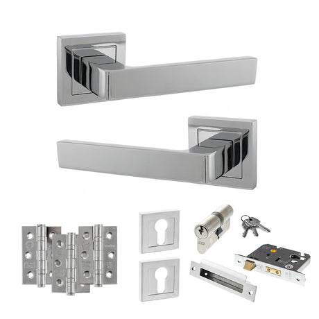 Quality image of STATUS Montana Door Handle Pack (Euro Lock Set - 3" CE Sashlock, 3" Fire Rated Hinges x3) - Polished Chrome | Sku. adps40spc21 | available from Trade Door Handles.