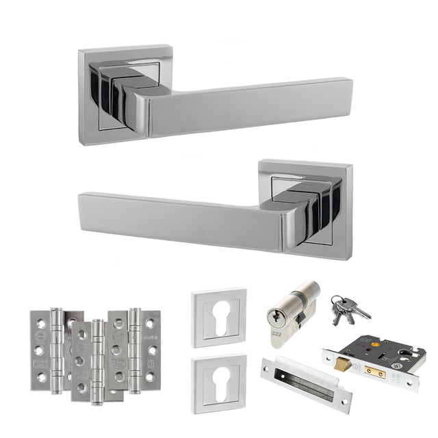 Quality image of STATUS Montana Door Handle Pack (Euro Lock Set - 3" CE Sashlock, 3" Fire Rated Hinges x3) - Polished Chrome | Sku. adps40spc21 | available from Trade Door Handles.