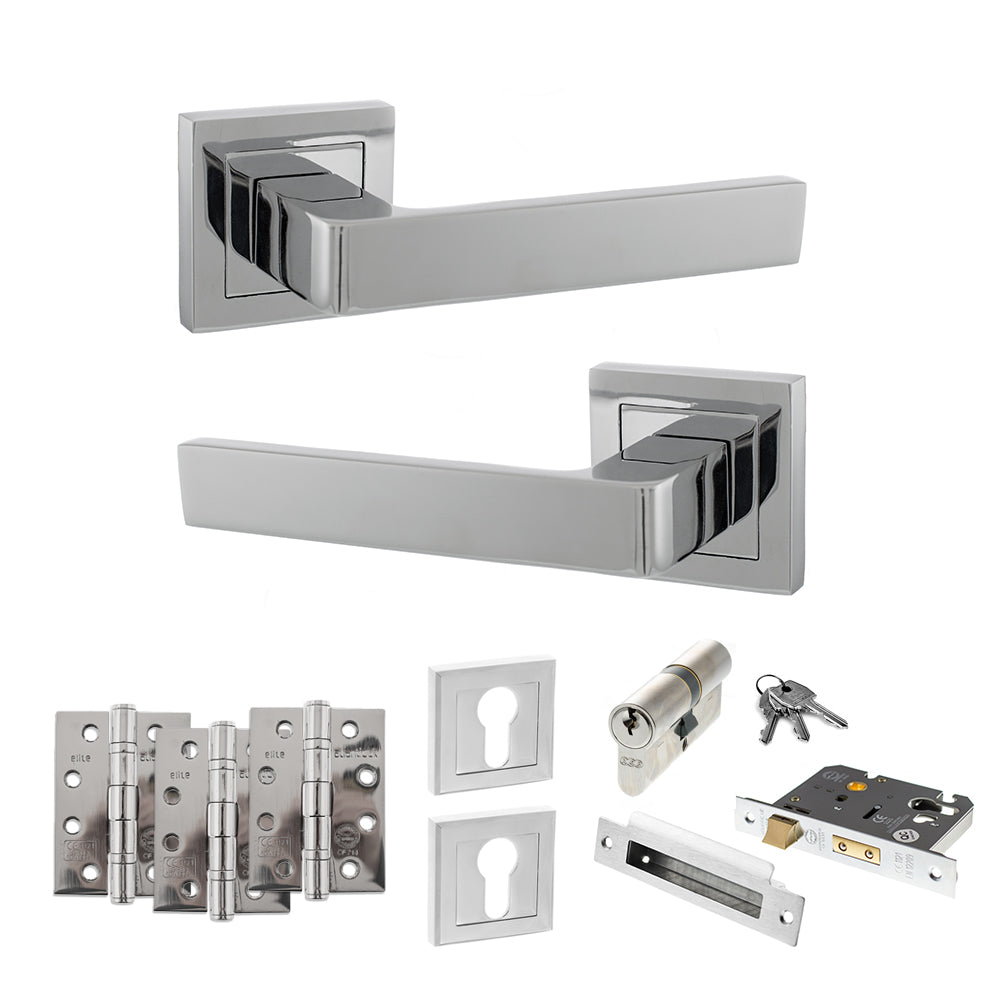 Quality image of STATUS Montana Door Handle Pack (Euro Lock Set - 3" CE Sashlock, 4" Fire Rated Hinges x3) - Polished Chrome | Sku. adps40spc23 | available from Trade Door Handles.