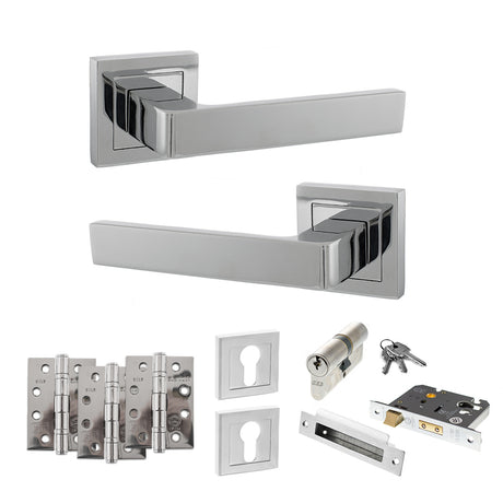 Quality image of STATUS Montana Door Handle Pack (Euro Lock Set - 3" CE Sashlock, 4" Fire Rated Hinges x3) - Polished Chrome | Sku. adps40spc23 | available from Trade Door Handles.