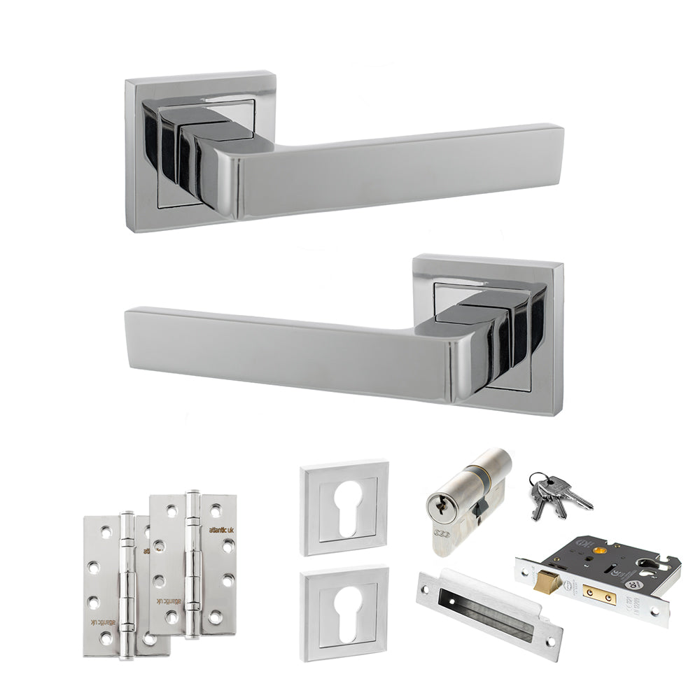 Quality image of STATUS Montana Door Handle Pack (Euro Lock Set - 3" CE Sashlock, 4" Slim Knuckle Hinges x2) - Polished Chrome | Sku. adps40spc25 | available from Trade Door Handles.