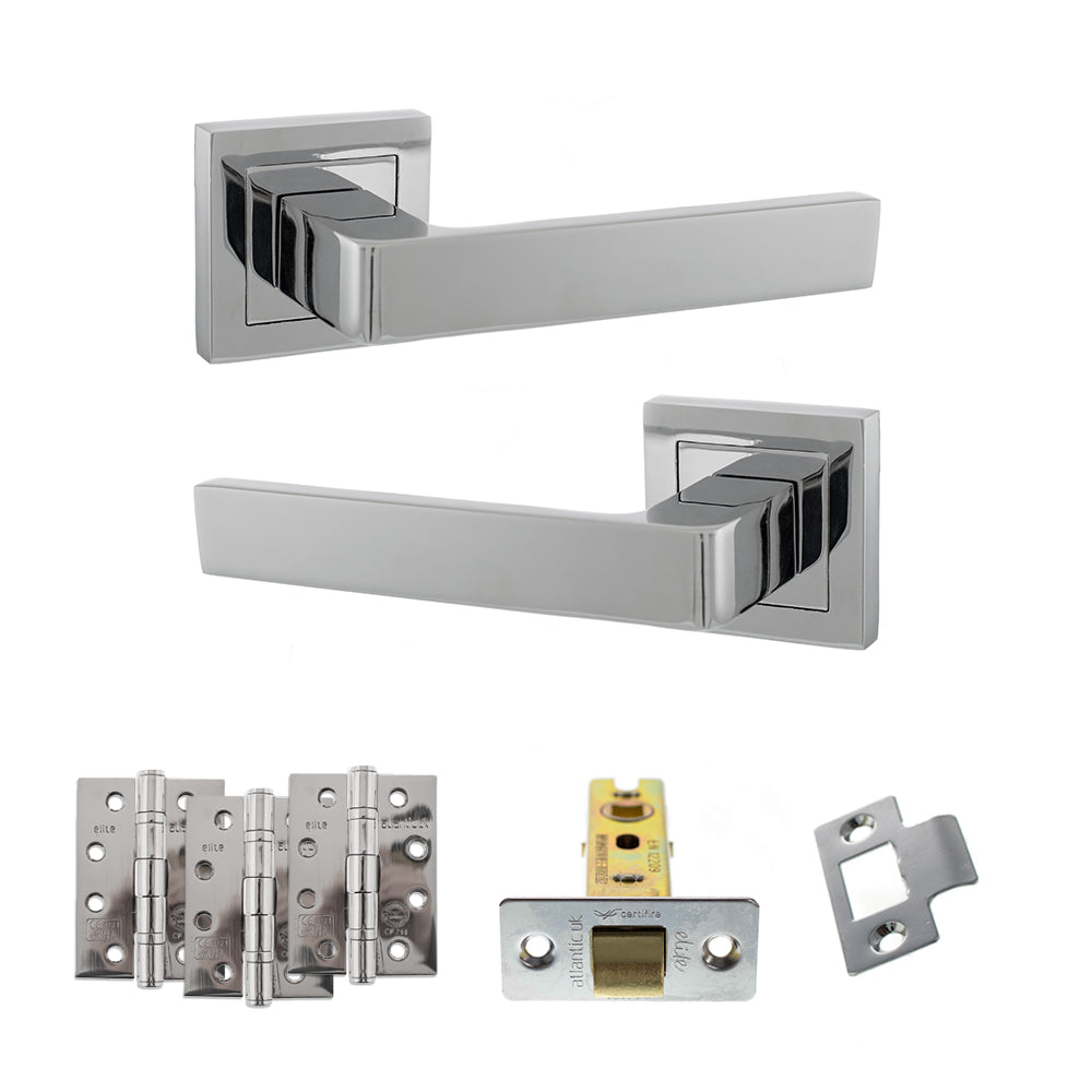 Quality image of STATUS Montana Door Handle Pack (Latch Set - 2.5" CE Latch, 4" Fire Rated Hinges x3) - Polished Chrome | Sku. adps40spc3 | available from Trade Door Handles.