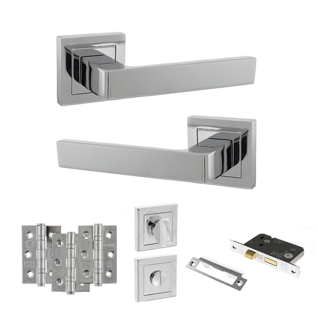 Quality image of STATUS Montana Door Handle Pack (Bathroom Set - 3" CE Bathroom Lock, 3" Fire Rated Hinges x3) - Polished Chrome | Sku. adps40spc9 | available from Trade Door Handles.