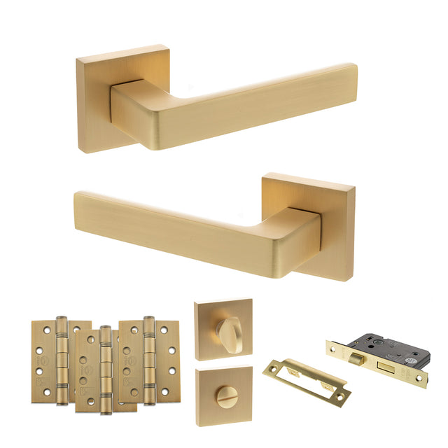 Quality image of STATUS Montana Door Handle Pack (Bathroom Set - 2.5" CE Bathroom Lock, 4" Fire Rated Hinges x3) - Satin Brass | Sku. adps40ssb10 | available from Trade Door Handles.