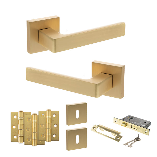 Quality image of STATUS Montana Door Handle Pack (3 Lever Lock Set - 3" CE Sashlock, 3" Fire Rated Hinges x3) - Satin Brass | Sku. adps40ssb15 | available from Trade Door Handles.