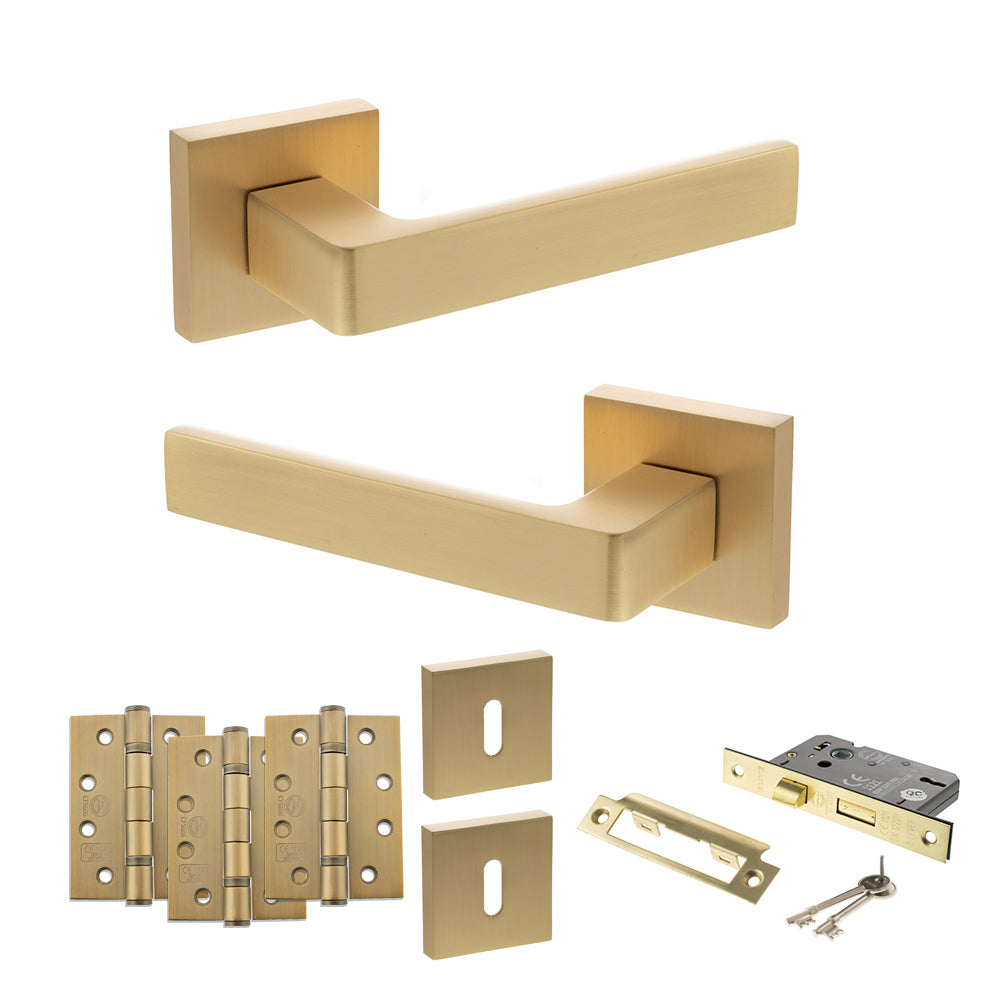 Quality image of STATUS Montana Door Handle Pack (3 Lever Lock Set - 3" CE Sashlock, 4" Fire Rated Hinges x3) - Satin Brass | Sku. adps40ssb17 | available from Trade Door Handles.