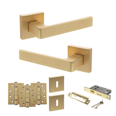 Quality image of STATUS Montana Door Handle Pack (3 Lever Lock Set - 3" CE Sashlock, 4" Fire Rated Hinges x3) - Satin Brass | Sku. adps40ssb17 | available from Trade Door Handles.
