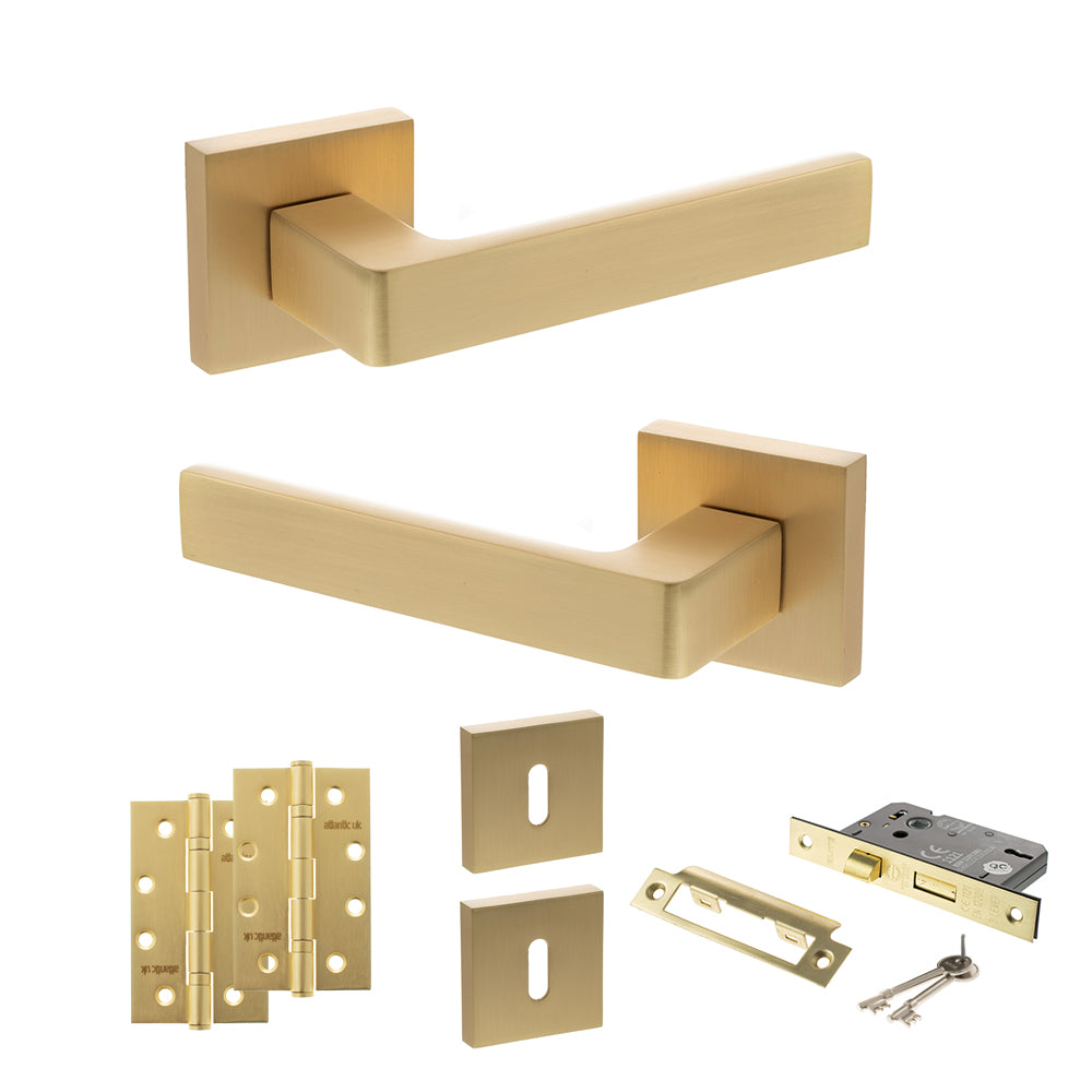 Quality image of STATUS Montana Door Handle Pack (3 Lever Lock Set - 2.5" CE Sashlock, 4" Slim Knuckle Hinges x2) - Satin Brass | Sku. adps40ssb18 | available from Trade Door Handles.