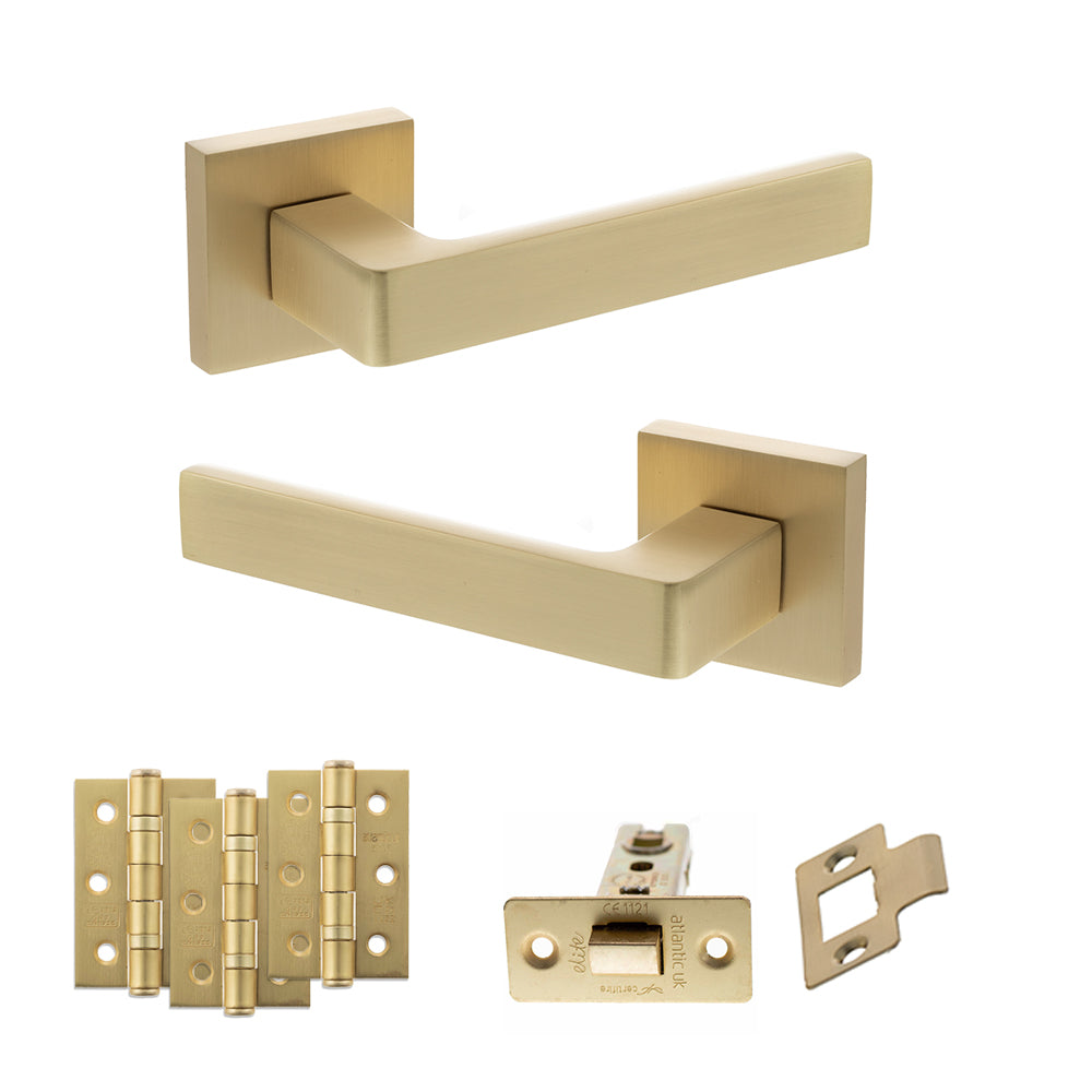 Quality image of STATUS Montana Door Handle Pack (Latch Set - 2.5" CE Latch, 3" Fire Rated Hinges x3) - Satin Brass | Sku. adps40ssb1 | available from Trade Door Handles.
