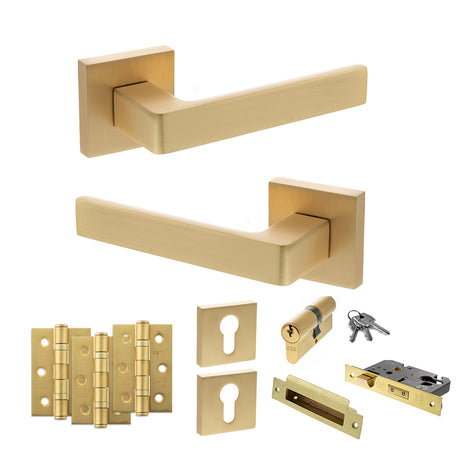 Quality image of STATUS Montana Door Handle Pack (Euro Lock Set - 2.5" CE Sashlock, 3" Fire Rated Hinges x3) - Satin Brass | Sku. adps40ssb20 | available from Trade Door Handles.