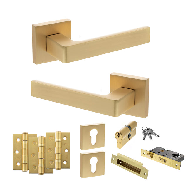 Quality image of STATUS Montana Door Handle Pack (Euro Lock Set - 3" CE Sashlock, 3" Fire Rated Hinges x3) - Satin Brass | Sku. adps40ssb21 | available from Trade Door Handles.