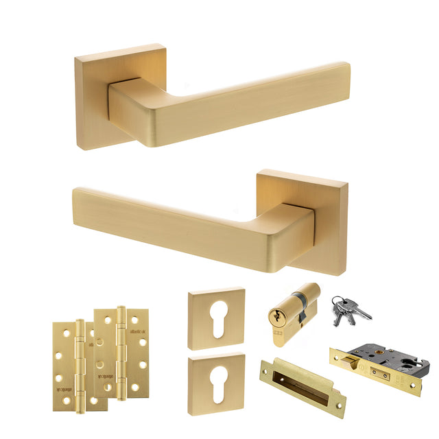 Quality image of STATUS Montana Door Handle Pack (Euro Lock Set - 2.5" CE Sashlock, 4" Slim Knuckle Hinges x2) - Satin Brass | Sku. adps40ssb24 | available from Trade Door Handles.