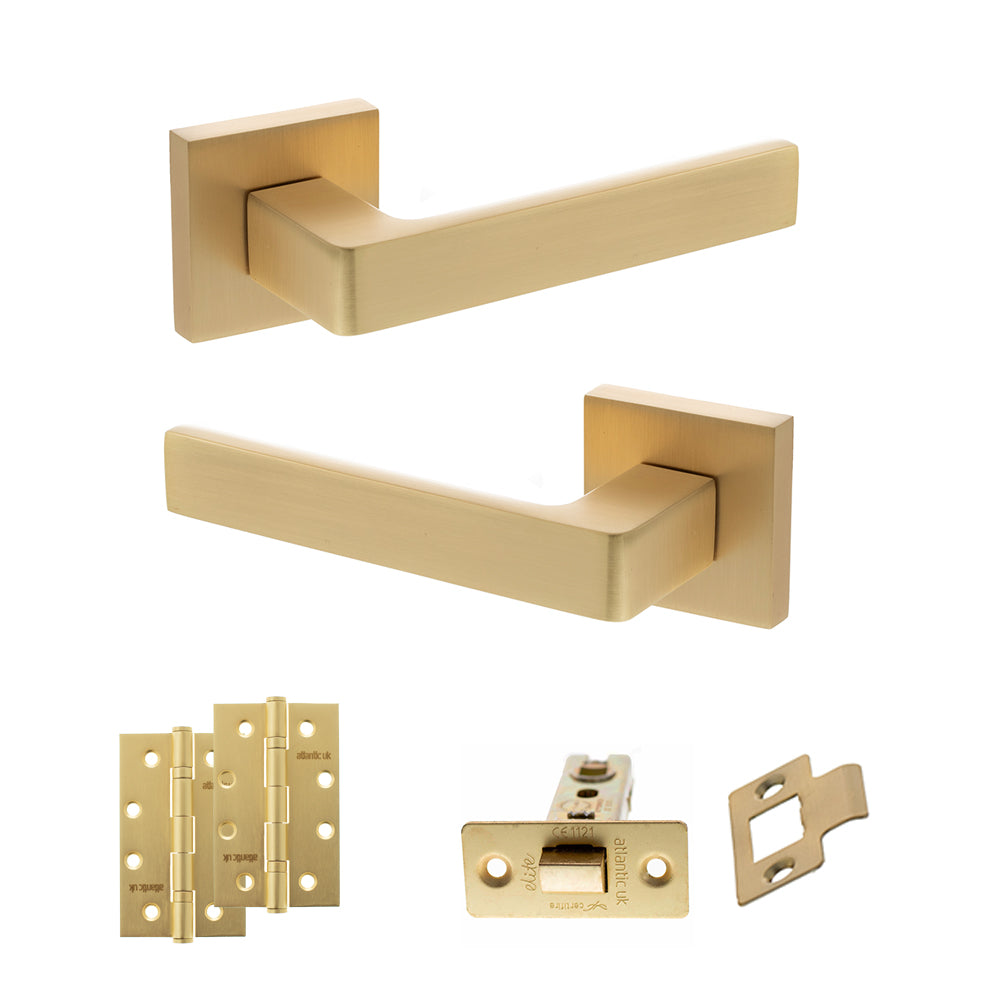 Quality image of STATUS Montana Door Handle Pack (Latch Set - 2.5" CE Latch, 4" Slim Knuckle Hinges x2) - Satin Brass | Sku. adps40ssb5 | available from Trade Door Handles.