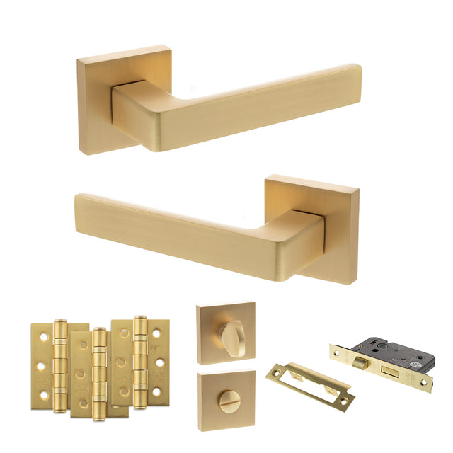 Quality image of STATUS Montana Door Handle Pack (Bathroom Set - 2.5" CE Bathroom Lock, 3" Fire Rated Hinges x3) - Satin Brass | Sku. adps40ssb8 | available from Trade Door Handles.