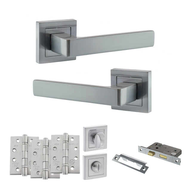 Quality image of STATUS Montana Door Handle Pack (Bathroom Set - 2.5" CE Bathroom Lock, 4" Fire Rated Hinges x3) - Satin Chrome | Sku. adps40ssc10 | available from Trade Door Handles.
