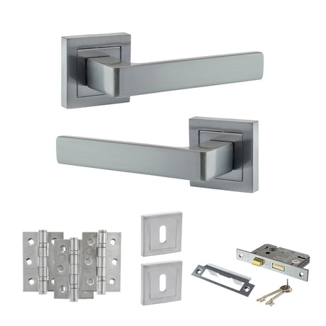 Quality image of STATUS Montana Door Handle Pack (3 Lever Lock Set - 3" CE Sashlock, 3" Fire Rated Hinges x3) - Satin Chrome | Sku. adps40ssc15 | available from Trade Door Handles.