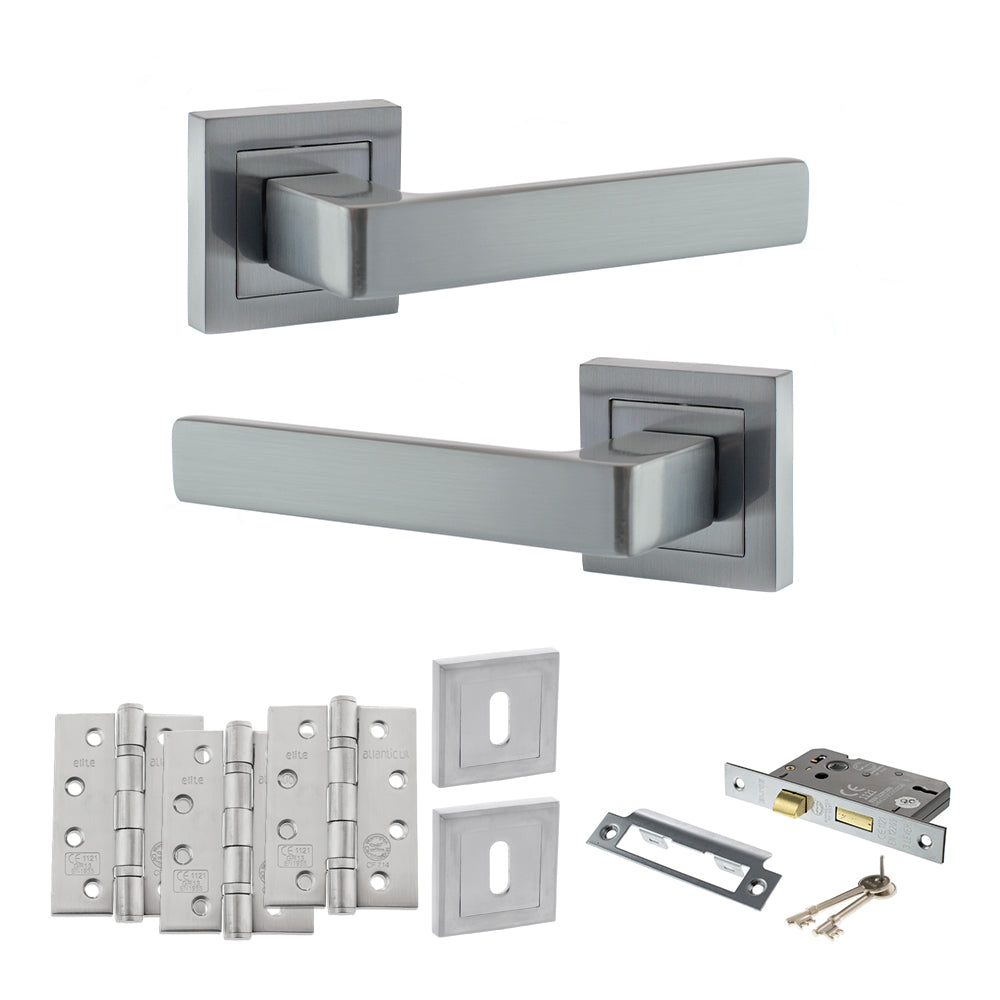 Quality image of STATUS Montana Door Handle Pack (3 Lever Lock Set - 2.5" CE Sashlock, 4" Fire Rated Hinges x3) - Satin Chrome | Sku. adps40ssc16 | available from Trade Door Handles.
