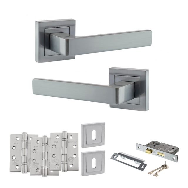Quality image of STATUS Montana Door Handle Pack (3 Lever Lock Set - 2.5" CE Sashlock, 4" Fire Rated Hinges x3) - Satin Chrome | Sku. adps40ssc16 | available from Trade Door Handles.