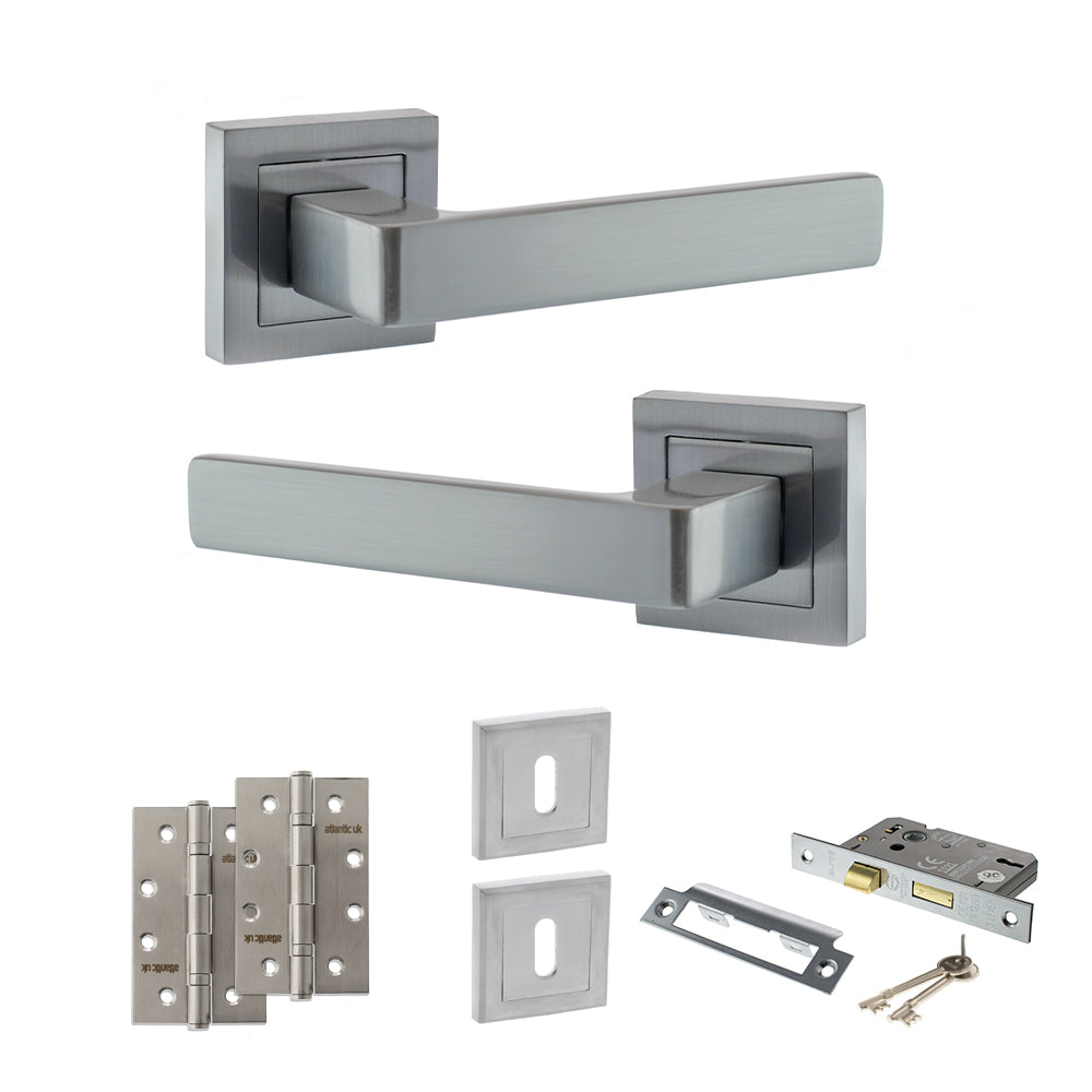 Quality image of STATUS Montana Door Handle Pack (3 Lever Lock Set - 3" CE Sashlock, 4" Slim Knuckle Hinges x2) - Satin Chrome | Sku. adps40ssc19 | available from Trade Door Handles.