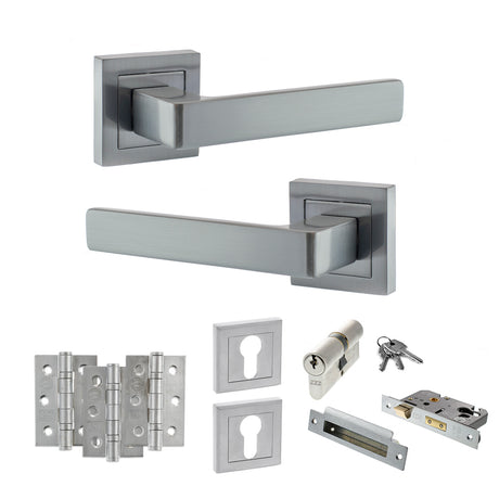 Quality image of STATUS Montana Door Handle Pack (Euro Lock Set - 2.5" CE Sashlock, 3" Fire Rated Hinges x3) - Satin Chrome | Sku. adps40ssc20 | available from Trade Door Handles.