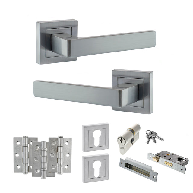 Quality image of STATUS Montana Door Handle Pack (Euro Lock Set - 2.5" CE Sashlock, 3" Fire Rated Hinges x3) - Satin Chrome | Sku. adps40ssc20 | available from Trade Door Handles.