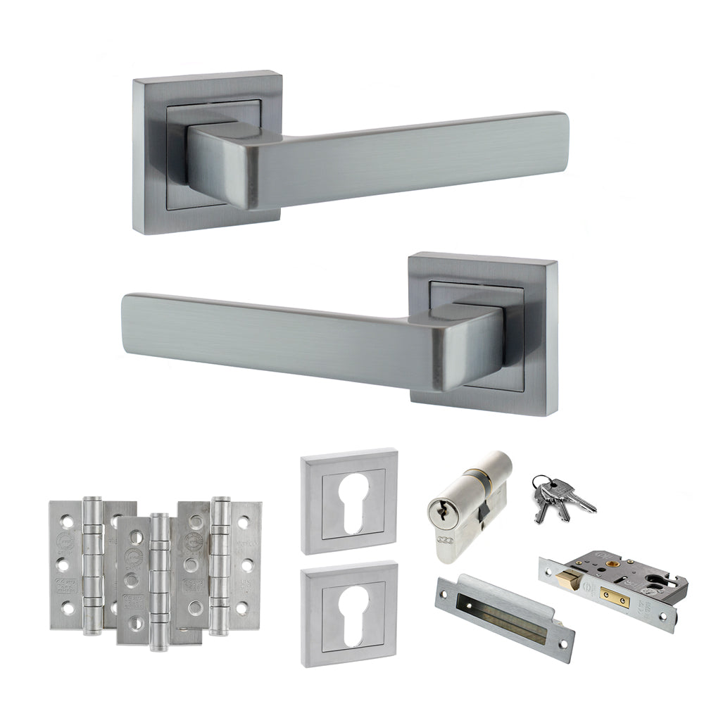 Quality image of STATUS Montana Door Handle Pack (Euro Lock Set - 3" CE Sashlock, 3" Fire Rated Hinges x3) - Satin Chrome | Sku. adps40ssc21 | available from Trade Door Handles.