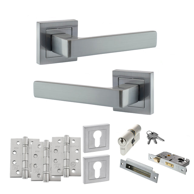 Quality image of STATUS Montana Door Handle Pack (Euro Lock Set - 2.5" CE Sashlock, 4" Fire Rated Hinges x3) - Satin Chrome | Sku. adps40ssc22 | available from Trade Door Handles.