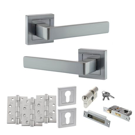 Quality image of STATUS Montana Door Handle Pack (Euro Lock Set - 3" CE Sashlock, 4" Fire Rated Hinges x3) - Satin Chrome | Sku. adps40ssc23 | available from Trade Door Handles.
